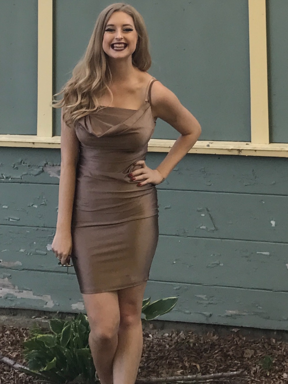 Satin Bronze Cowl Midi Dress with Thin Straps